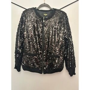 Twiggy London Womens Black Sequin Bomber Jacket Full Zip Size L